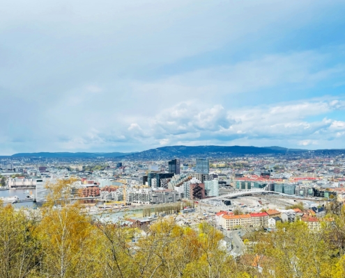 City skyline along a river with low hills in the distance under a partly cloudy blue sky.